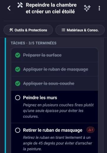 Tâches cochées au fil du chantier