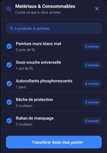 Liste des matériaux et consommables prête pour le panier